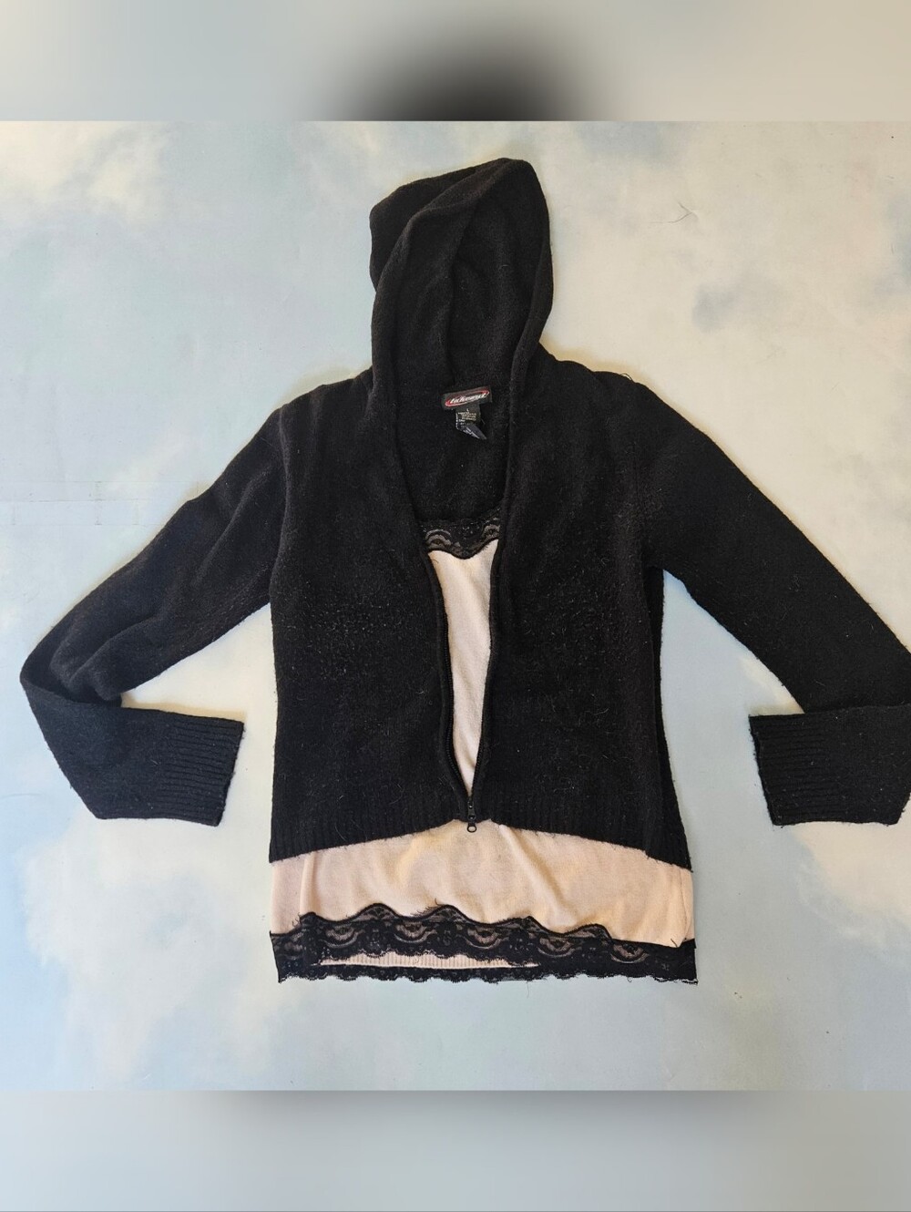 Black Hooded Knit Cardigan with Blush Lace Trim